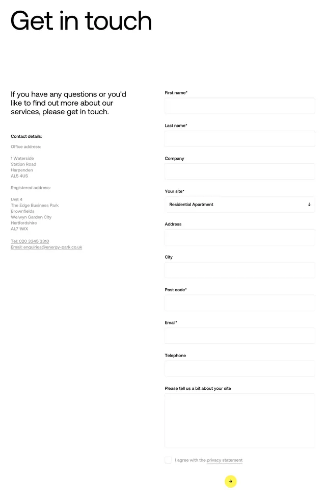 Energy Park split contact form section, minimal, light-mode, light