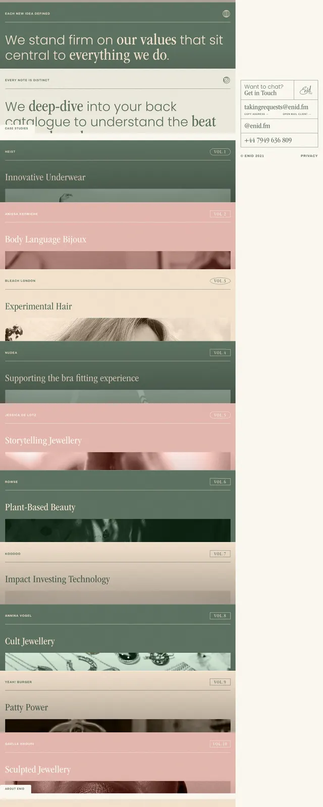 Enid editorial studio landing page, editorial, minimal, muted
