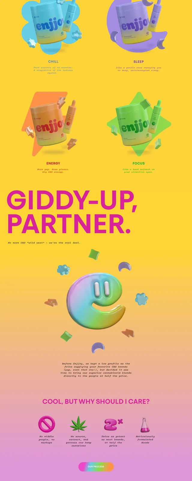 Enjjoy pastel hemp landing page, gradient-heavy, playful, vibrant