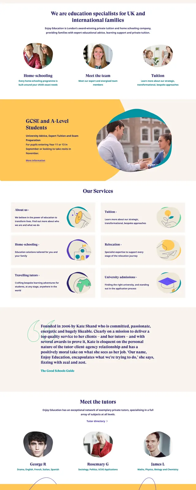 Enjoy Education homepage hero, editorial, corporate-clean, dark