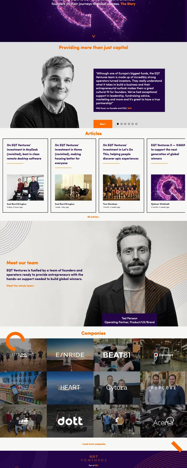 EQT Ventures homepage, dark-mode, gradient-heavy, dark