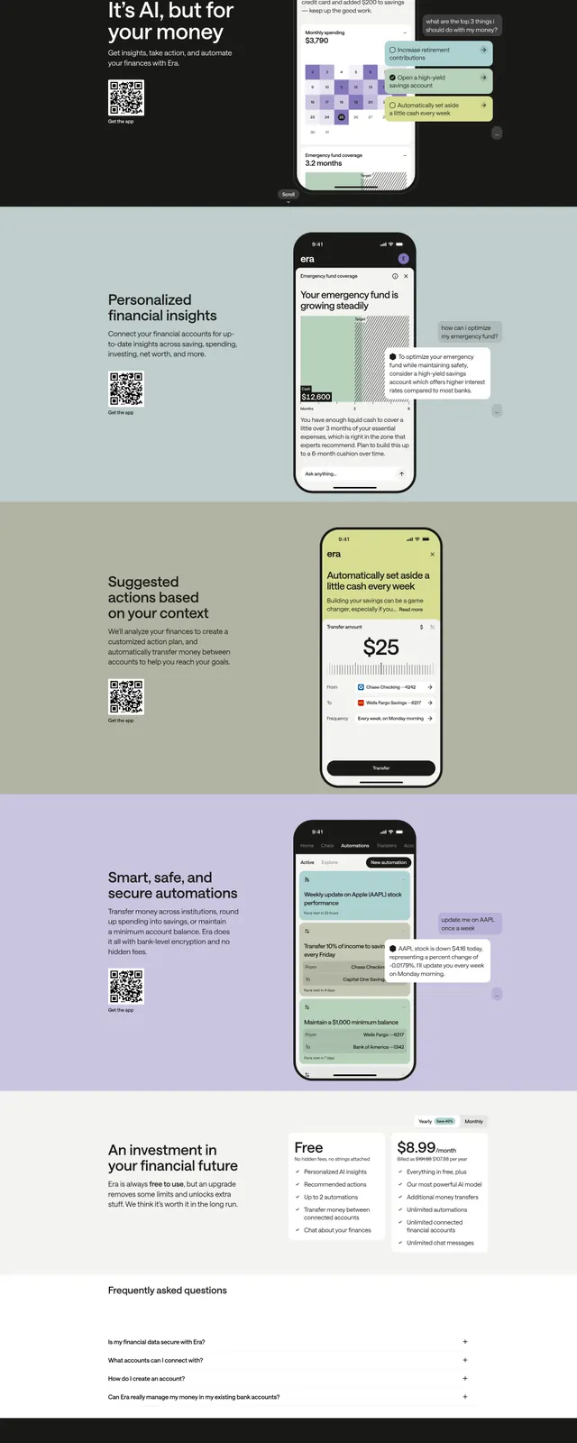 Era App fintech landing page, dark-mode, minimal, dark