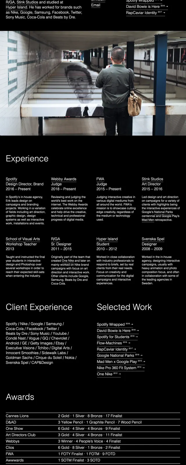 Erik Herrstrom portfolio page, editorial, minimal, dark