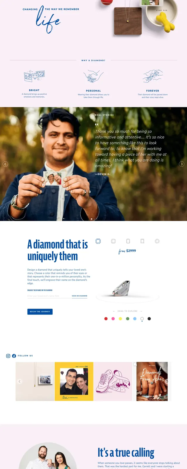 Eterneva memorial jewelry landing page, editorial, photographic, warm