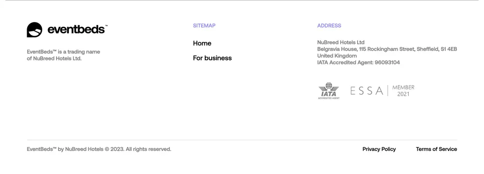 Eventbeds light corporate footer, minimal, light-mode, light