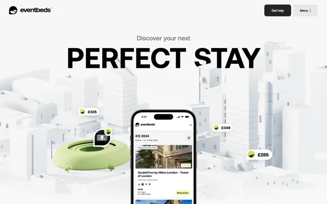 Eventbeds homepage hero with 3D city and phone mockup, minimal, light-mode, light