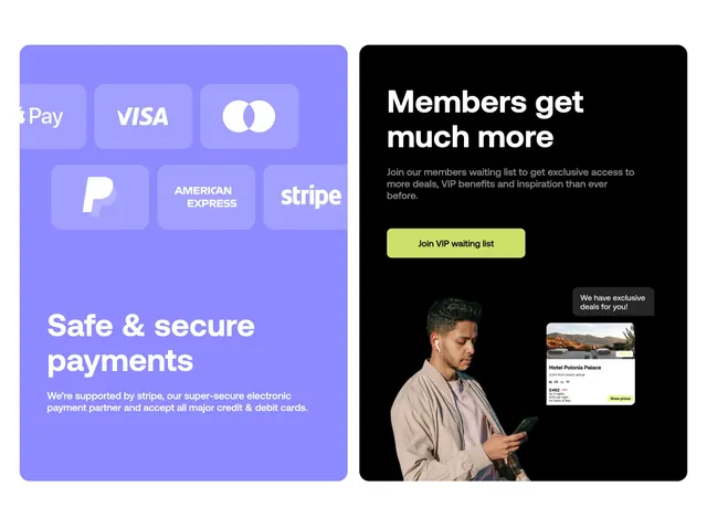 Eventbeds payments trust and VIP membership panels, minimal, light-mode, light