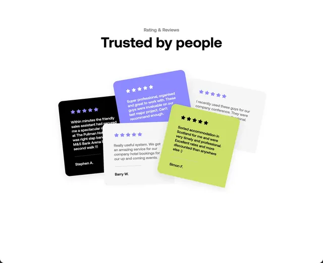 Eventbeds scattered colorful review cards, minimal, light-mode, light