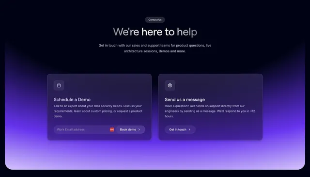 Evervault two-card contact section on violet glow, dark-mode, glassmorphism, dark