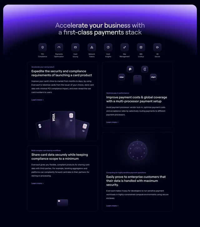 Evervault payments stack bento features, dark-mode, technical, dark