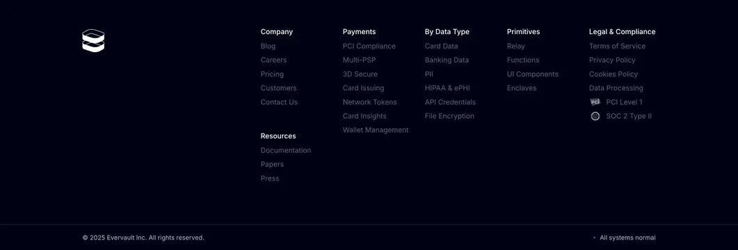 Evervault multi-column dark footer, dark-mode, minimal, dark