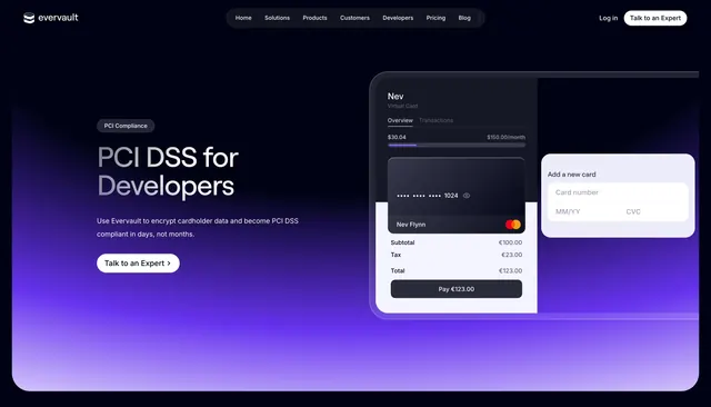 Evervault PCI hero with payment UI mockup, dark-mode, glassmorphism, dark