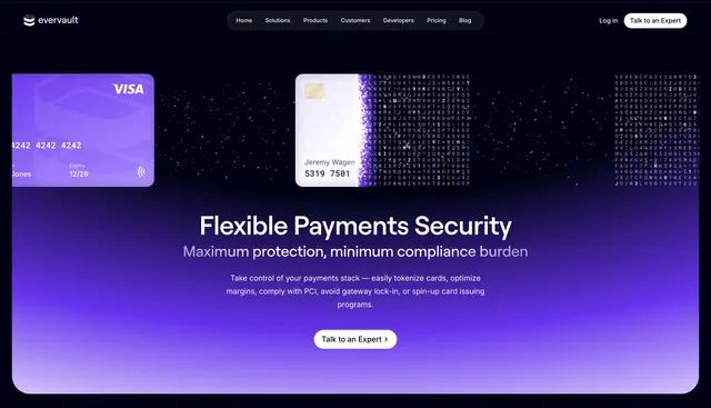 Evervault Flexible Payments Security hero, dark-mode, gradient-heavy, dark