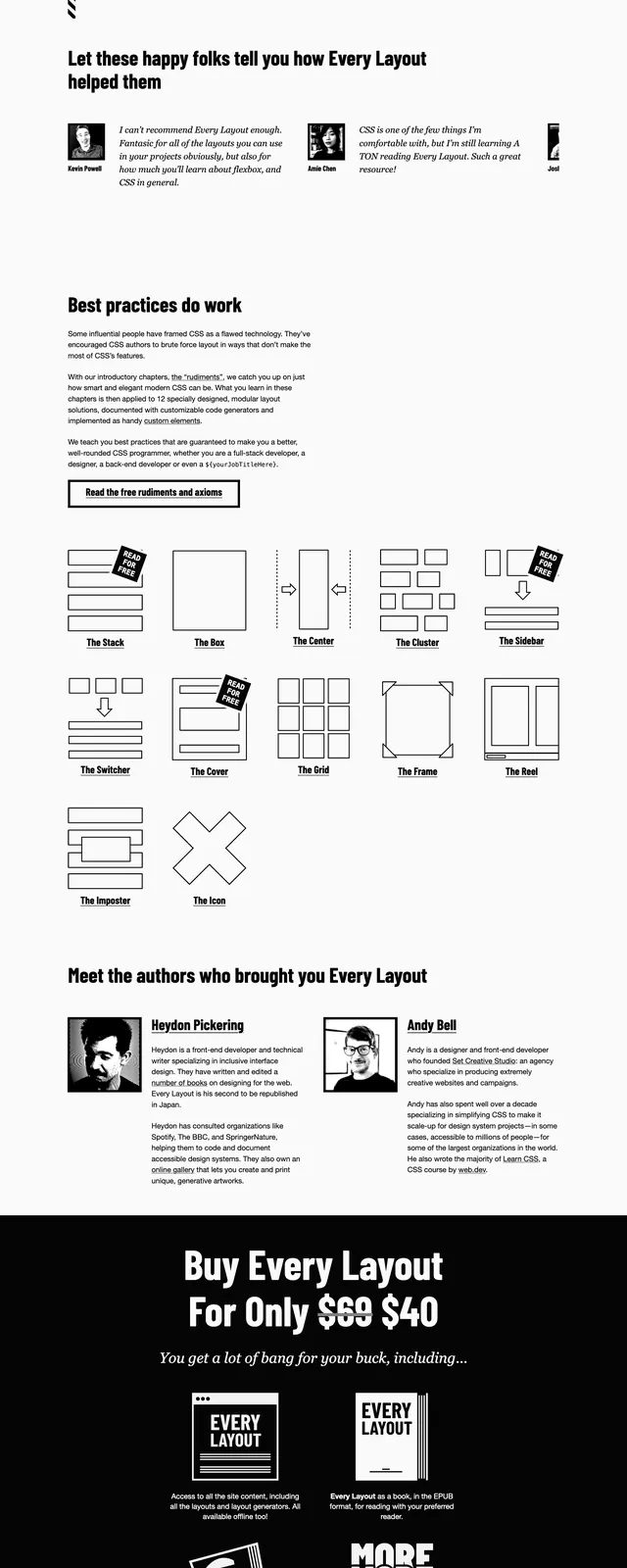 Every Layout Landing Page, minimal, swiss, monochrome