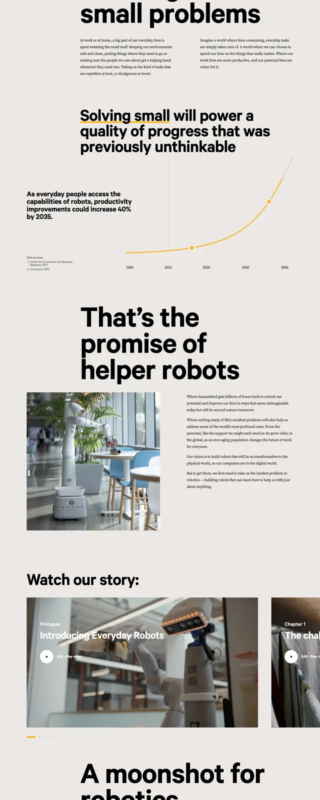 Everyday Robots editorial landing page, editorial, minimal, light