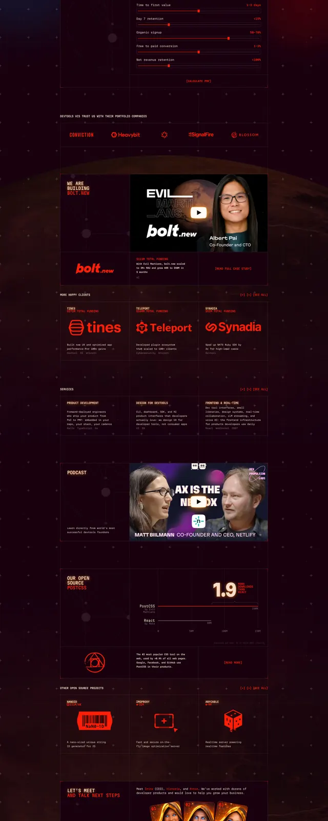 Evil Martians Agency Landing Page, dark-mode, technical, dark