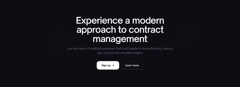 Exante dark centered contract-management CTA, dark-mode, minimal, dark