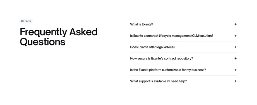 Exante split-layout FAQ accordion, light-mode, minimal, light