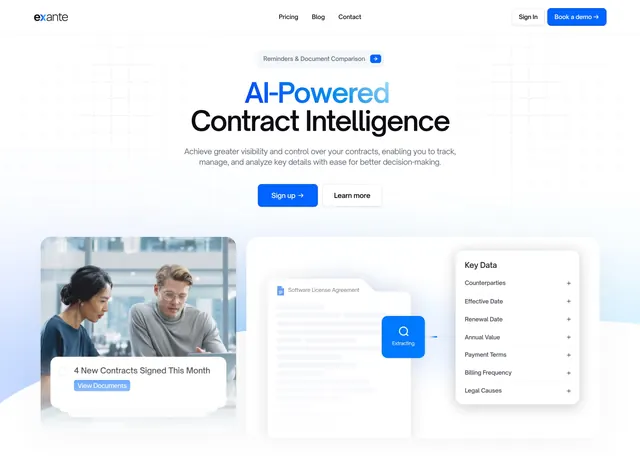 Exante AI contract-intelligence hero, light-mode, corporate-clean, light