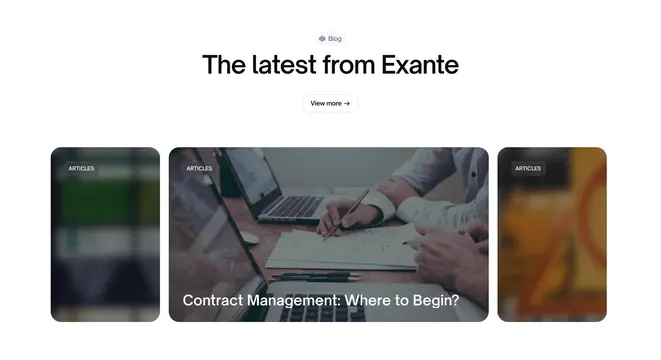 Exante centered blog slider with featured card, light-mode, minimal, light