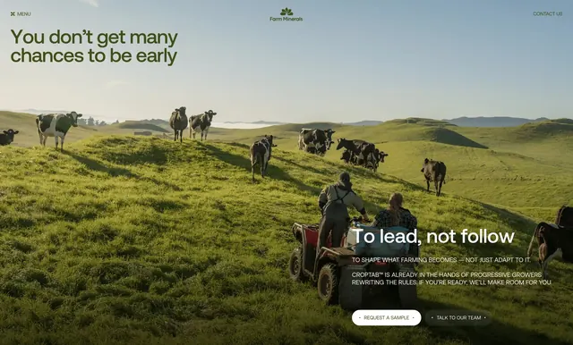 Farm Minerals brand narrative hero CTA, editorial, photographic, light