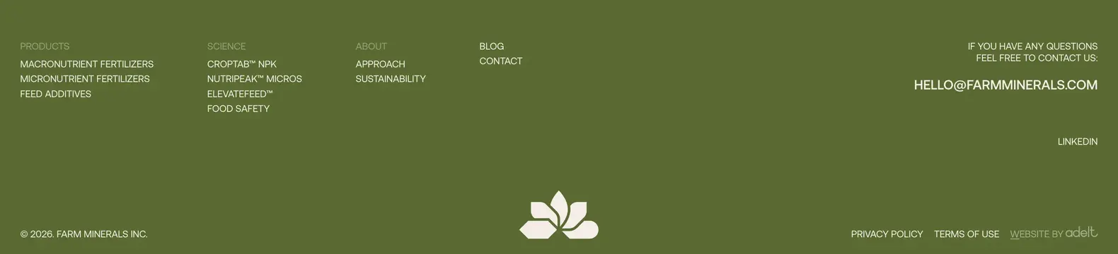 Farm Minerals company info footer, minimal, corporate-clean, dark