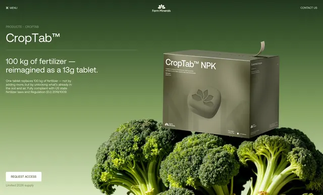 Farm Minerals CropTab product hero, minimal, gradient-heavy, dark