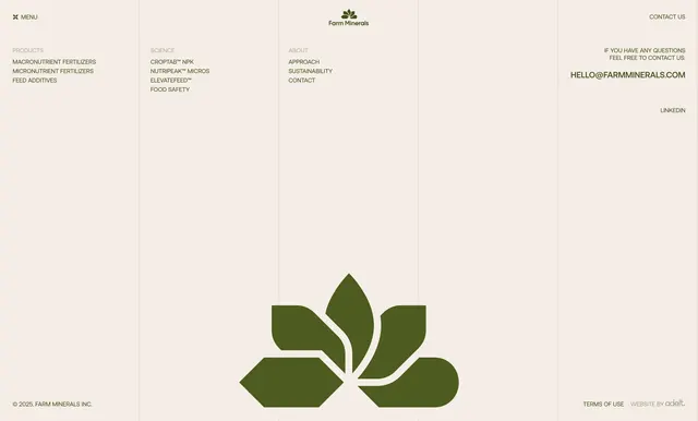 Farm Minerals navigation footer, minimal, editorial, light