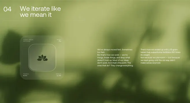 Farm Minerals iterate process feature variant, minimal, glassmorphism, dark