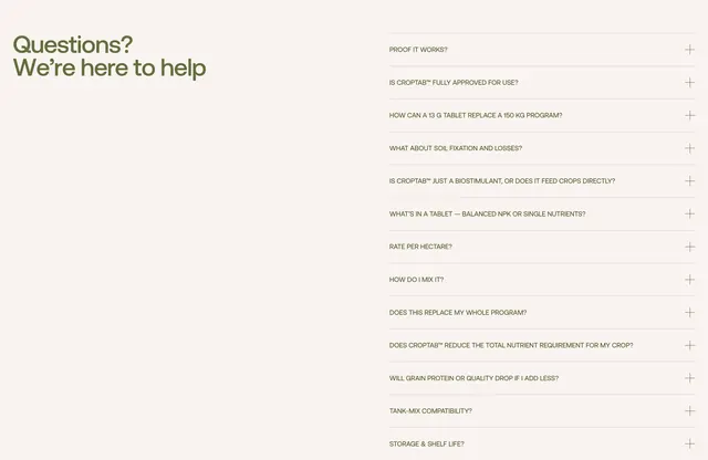 Farm Minerals CropTab product FAQ, minimal, editorial, light