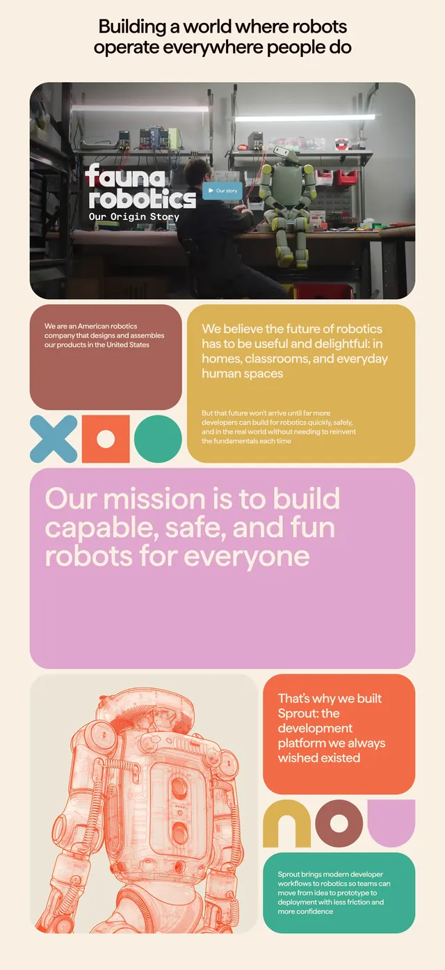Fauna Robotics origin story bento grid, minimal, playful, light