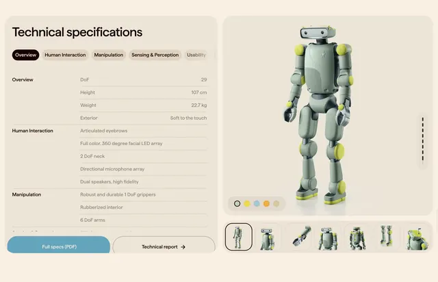 Fauna Robotics technical specifications viewer, minimal, light-mode, light