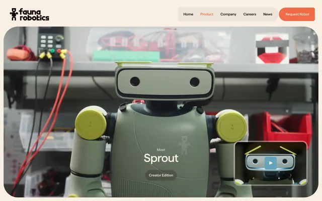 Fauna Robotics Sprout product hero, minimal, light-mode, light