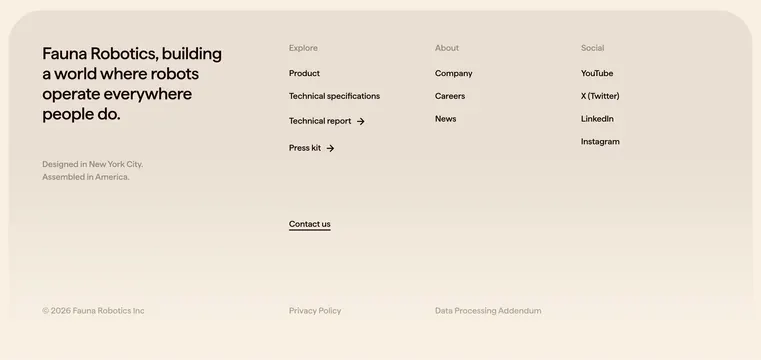 Fauna Robotics footer sitemap, minimal, light-mode, light