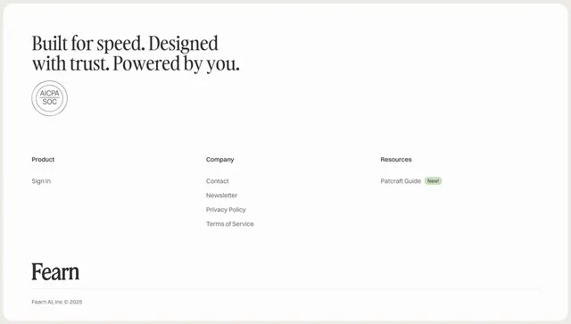 Fearn site navigation footer, minimal, light-mode, light