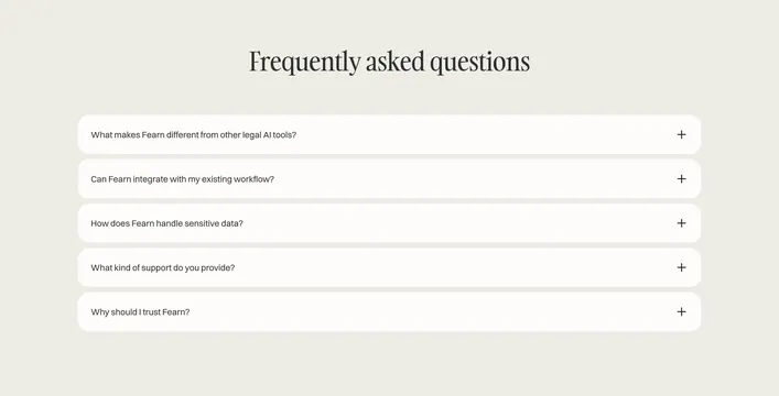 Fearn support FAQ, minimal, light-mode, light
