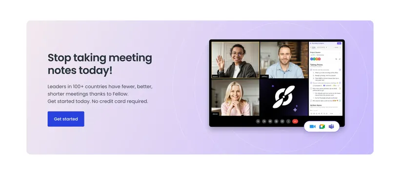 Fellow contained CTA with meeting UI mockup, light-mode, boxed, light