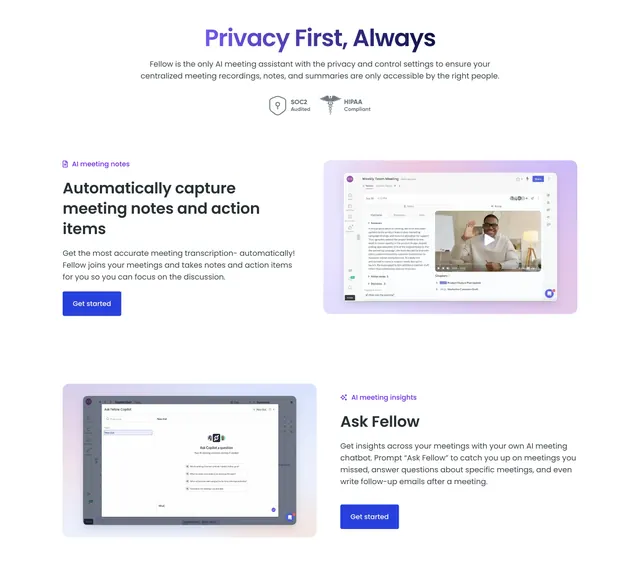 Fellow Privacy First alternating feature rows, light-mode, minimal, light