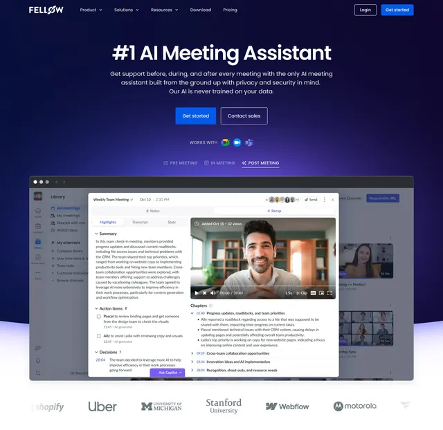 Fellow AI meeting assistant hero, dark-mode, gradient-heavy, dark