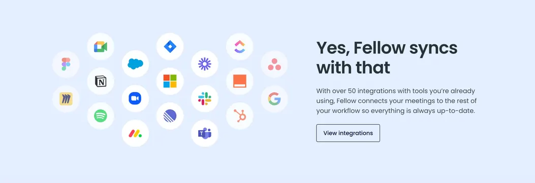 Fellow integrations logo cluster, split layout, light-mode, minimal, light
