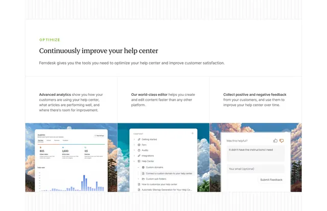 Ferndesk three-column features with UI thumbnails, light-mode, minimal, light