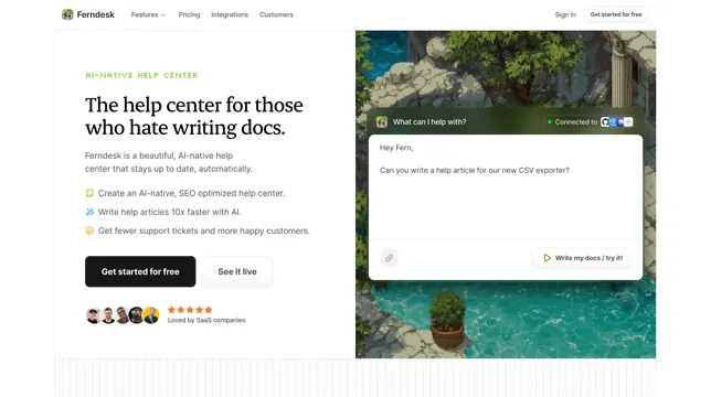 Ferndesk split hero with AI help-center chat, light-mode, editorial, light