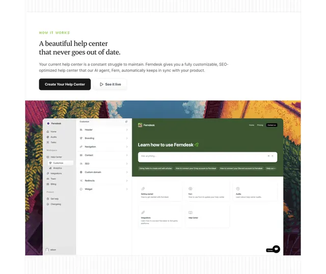 Ferndesk how-it-works with large dashboard mockup, light-mode, editorial, light