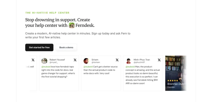 Ferndesk CTA-plus-tweet-slider testimonials, light-mode, editorial, light