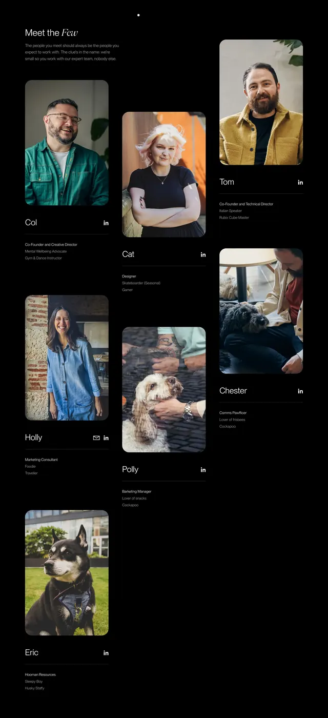 Few and Far meet-the-team masonry grid, minimal, dark-mode, dark