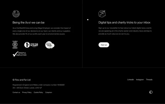 Few and Far dark footer with B Corp and newsletter, minimal, dark-mode, dark
