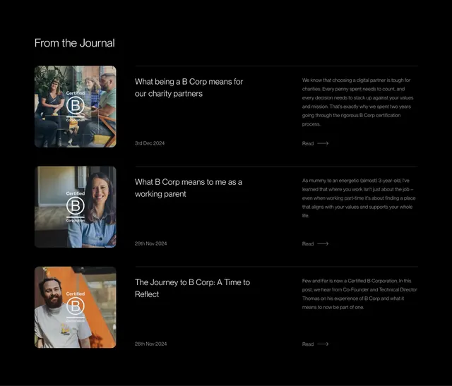 Few and Far dark journal list section, minimal, dark-mode, dark
