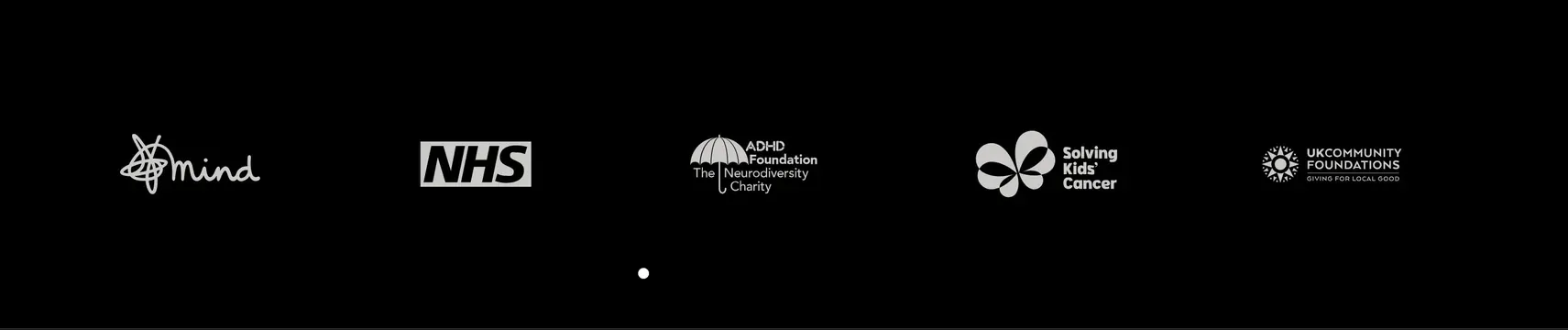 Few and Far charity partner logo bar, dark-mode, minimal, dark