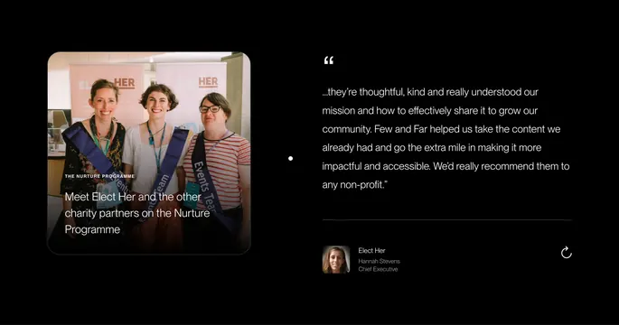 Few and Far split testimonial carousel, dark-mode, minimal, dark