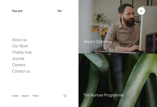 Few and Far full-screen split navigation, minimal, light-mode, light